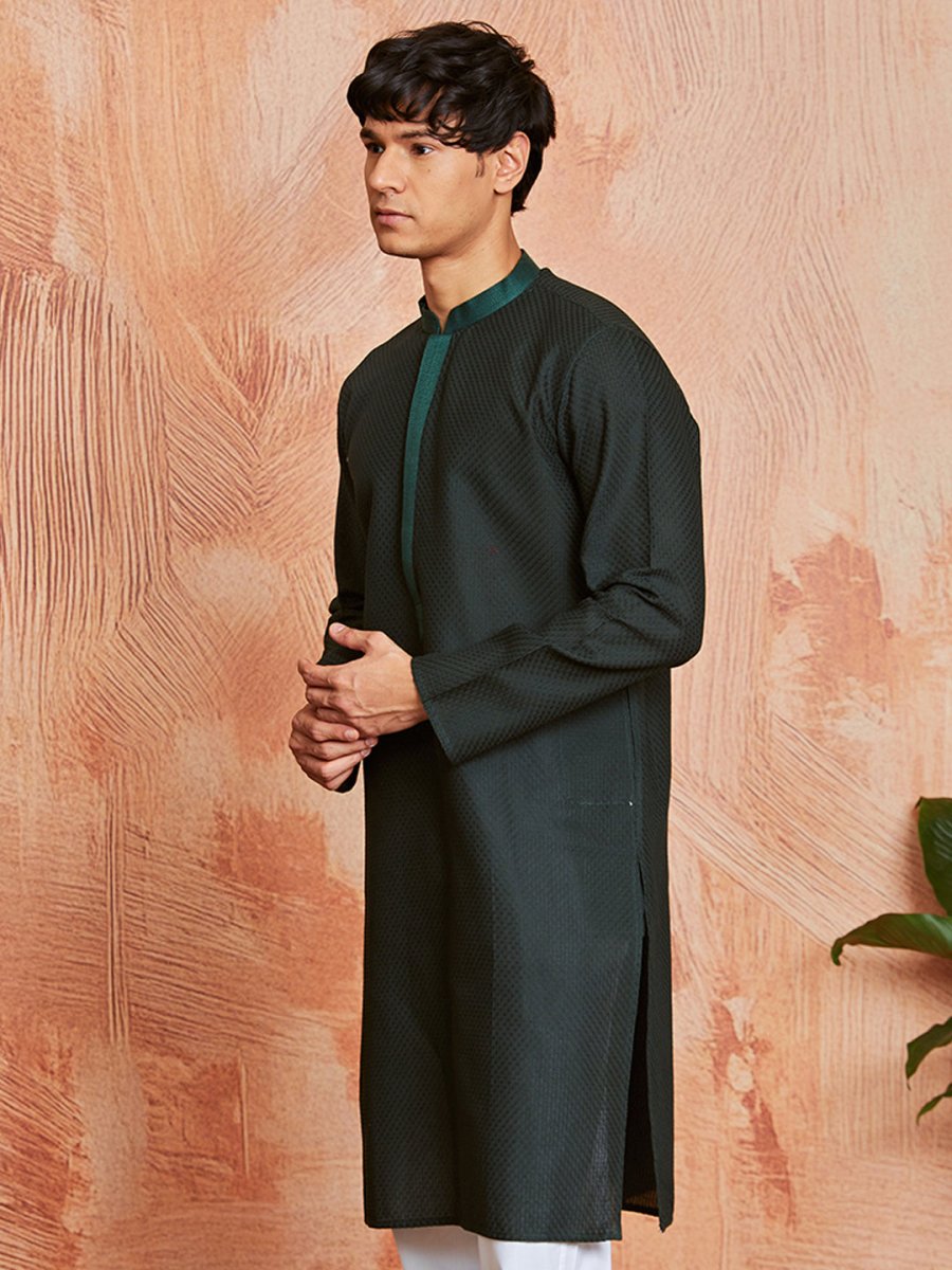 Men's Bottle Green Cotton Jacquard Kurta with Embroidered Collar - House of Sarvati LLC