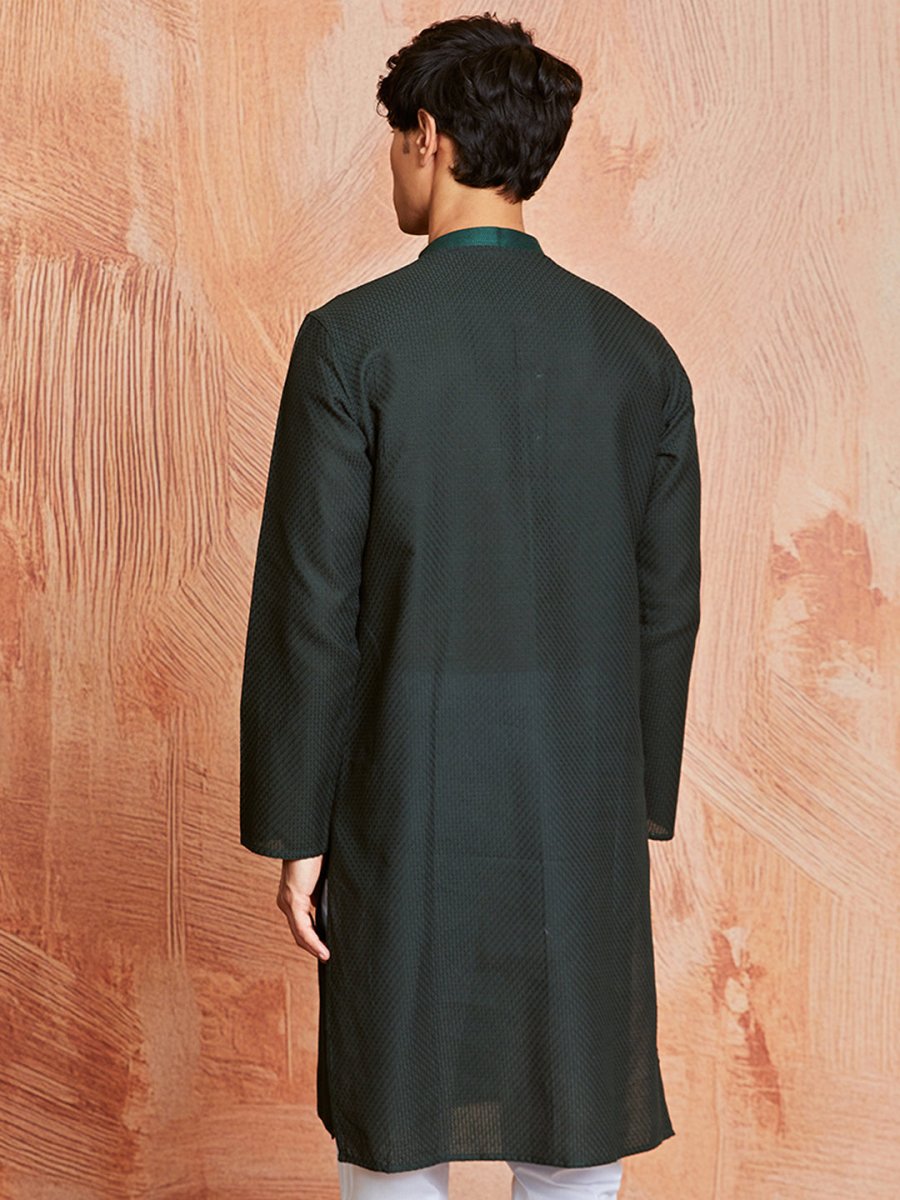 Men's Bottle Green Cotton Jacquard Kurta with Embroidered Collar - House of Sarvati LLC