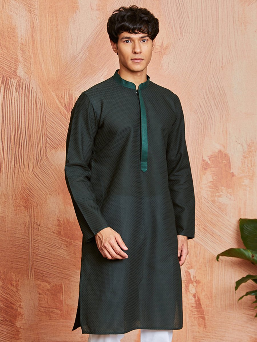 Men's Bottle Green Cotton Jacquard Kurta with Embroidered Collar - House of Sarvati LLC