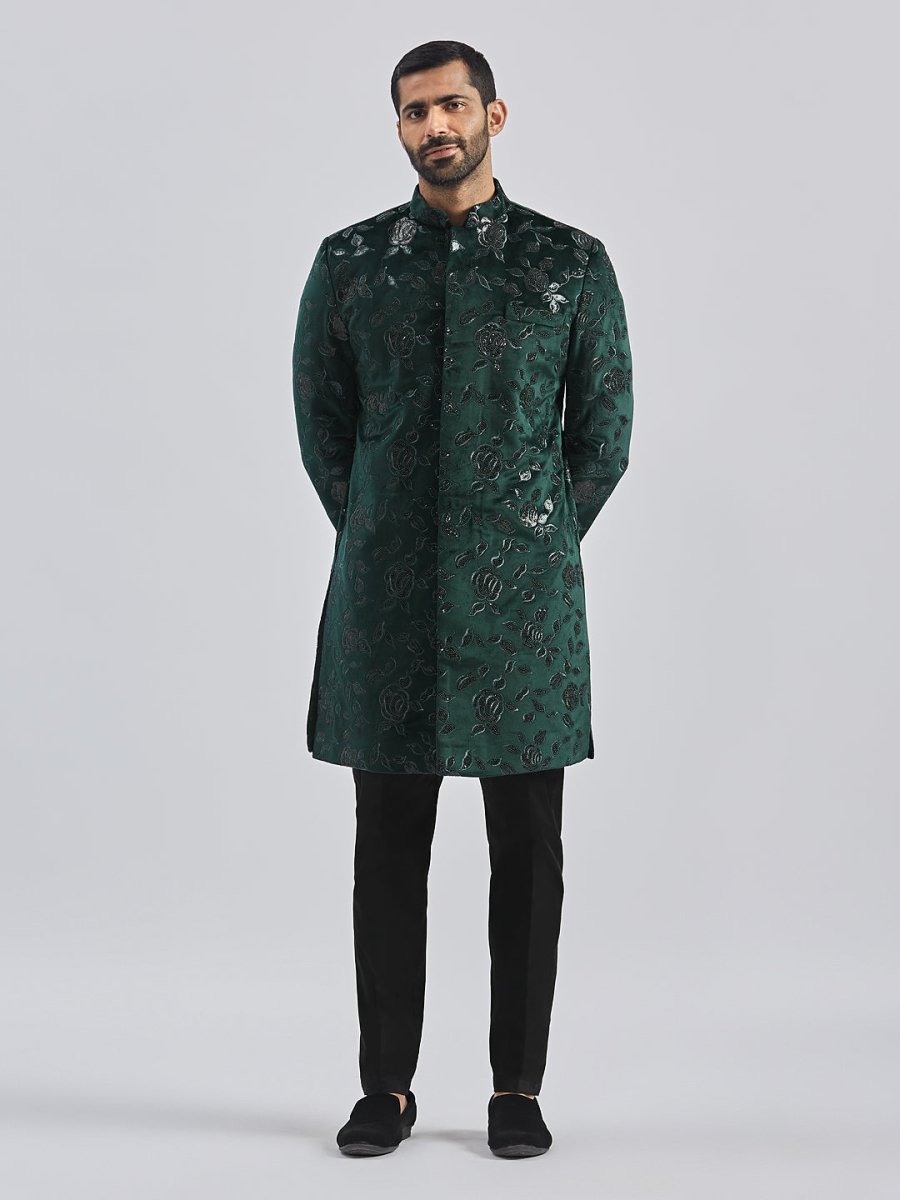 Men's Bottle Green Velvet Sherwani Set - House of Sarvati LLC