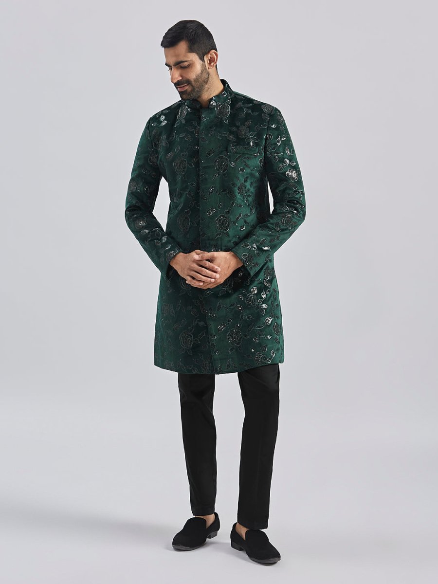Men's Bottle Green Velvet Sherwani Set - House of Sarvati LLC