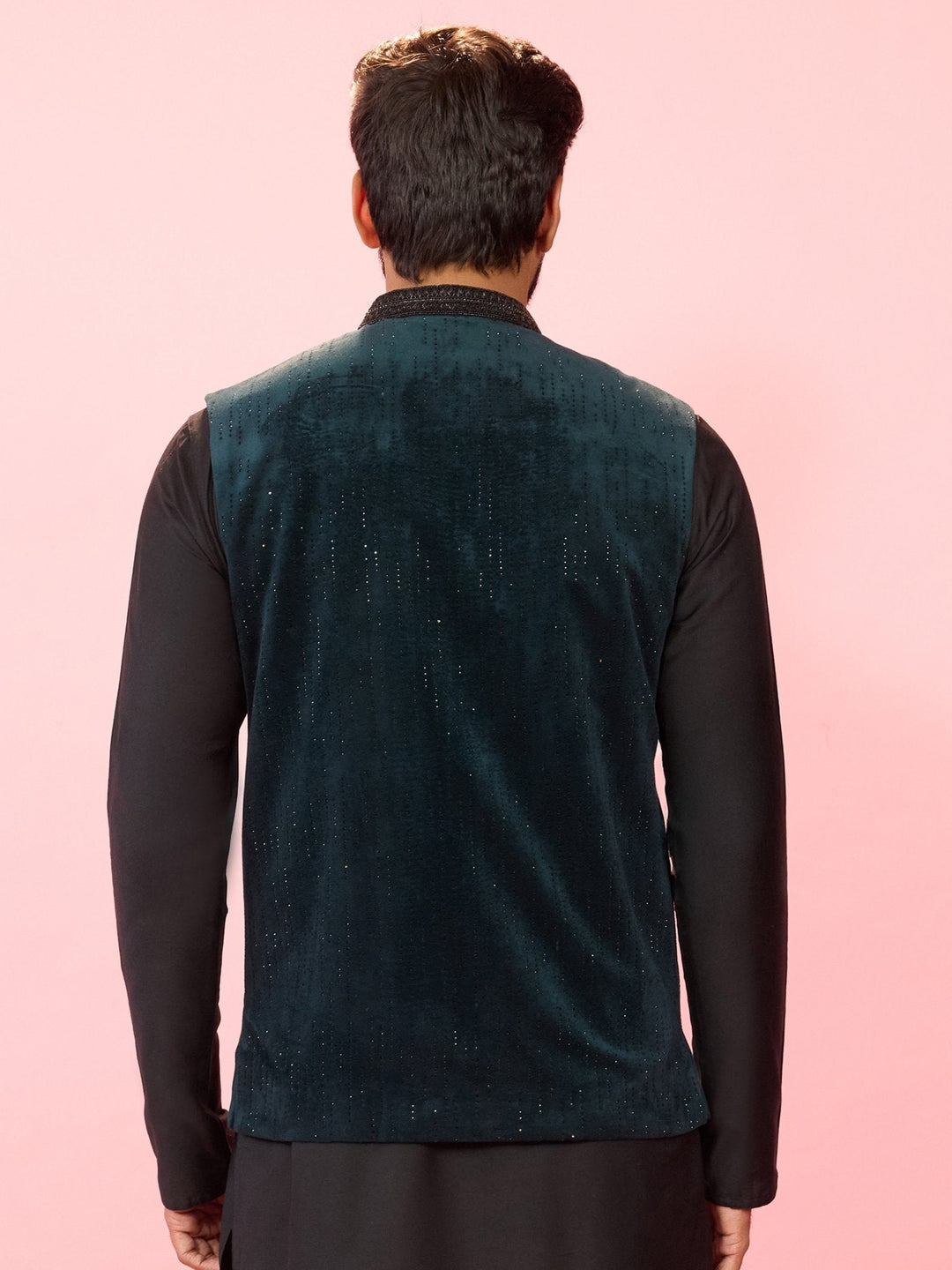 Men's Bottle Green Velvet Stone Work Sleeveless Nehru Jacket - view 5