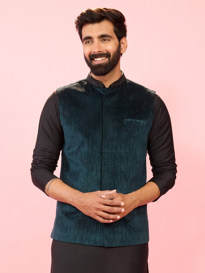 Men's Bottle Green Velvet Stone Work Sleeveless Nehru Jacket - view 3