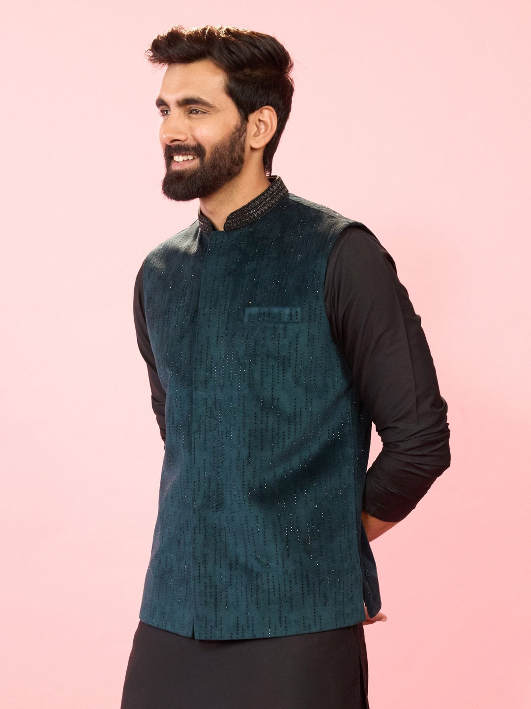 Men's Bottle Green Velvet Stone Work Sleeveless Nehru Jacket - view 4