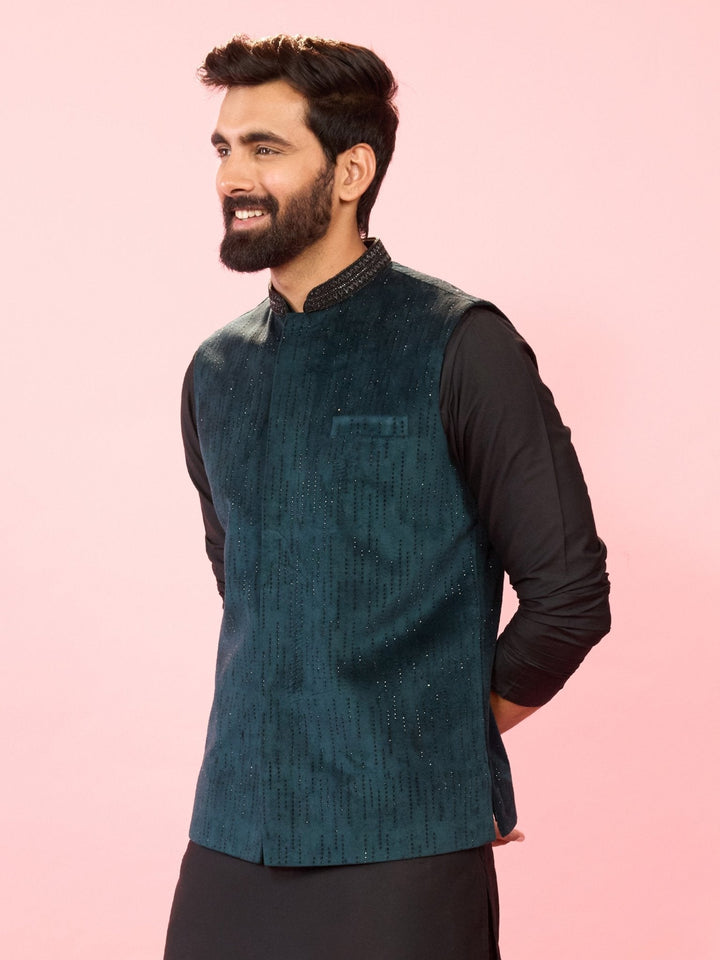 Men's Bottle Green Velvet Stone Work Sleeveless Nehru Jacket - view 4