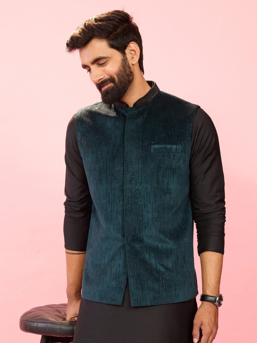 Men's Bottle Green Velvet Stone Work Sleeveless Nehru Jacket
