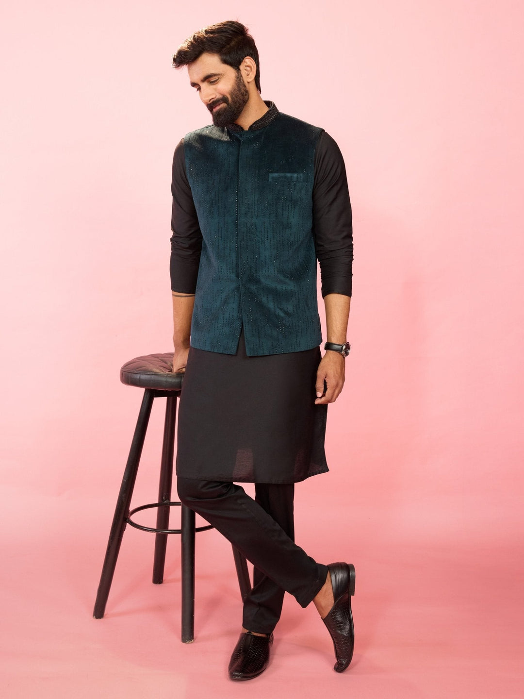 Men's Bottle Green Velvet Stone Work Sleeveless Nehru Jacket - view 6