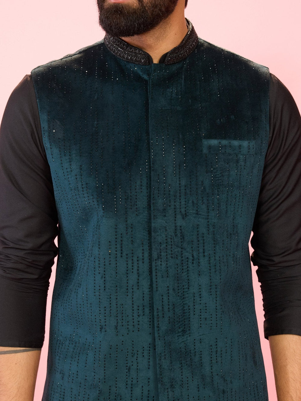 Men's Bottle Green Velvet Stone Work Sleeveless Nehru Jacket - view 2
