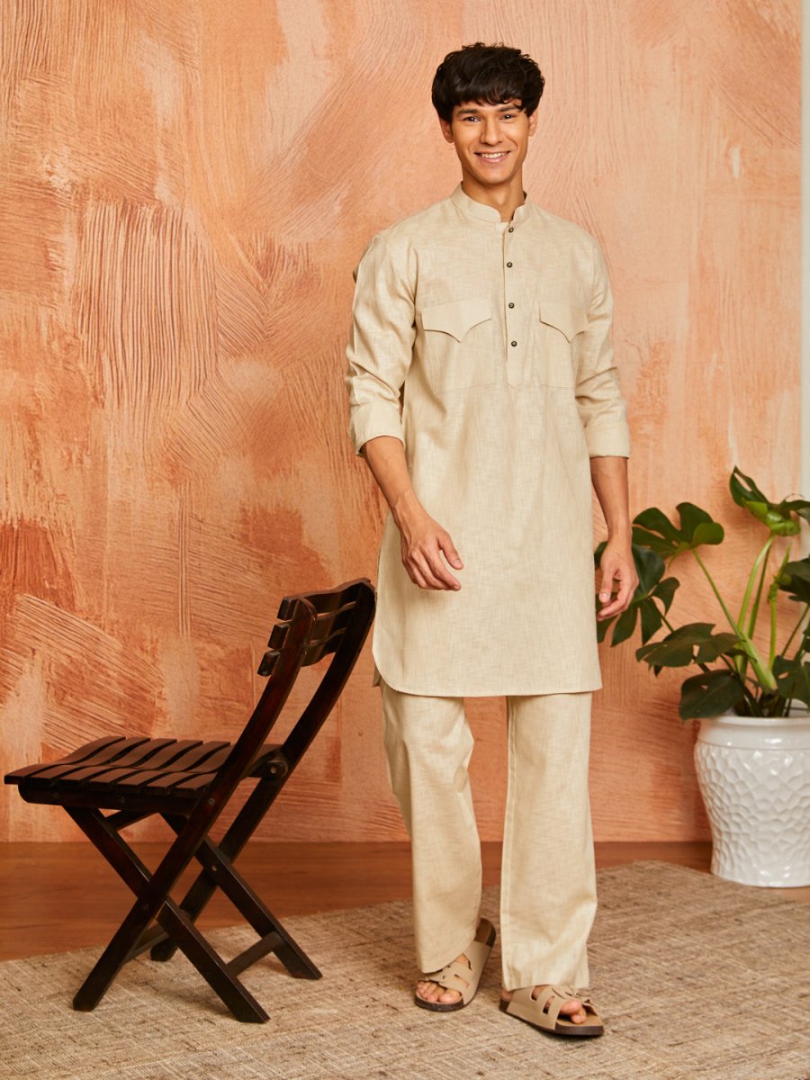 Men's Chiku Cotton Slub Kurta and Pyjama Set - House of Sarvati LLC