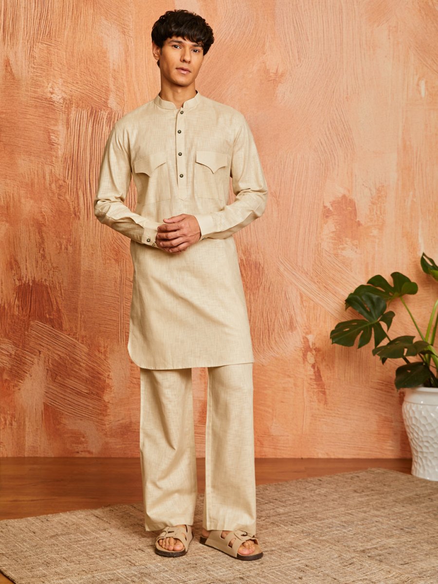 Men's Chiku Cotton Slub Kurta and Pyjama Set - House of Sarvati LLC