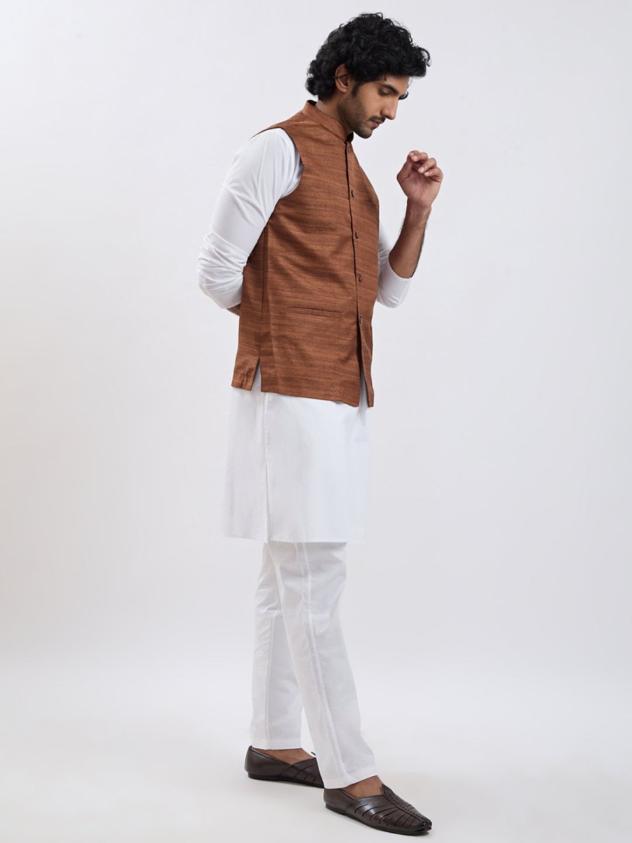 Men's Coffee Brown & White Jacket Kurta Pyjama Set - House of Sarvati LLC