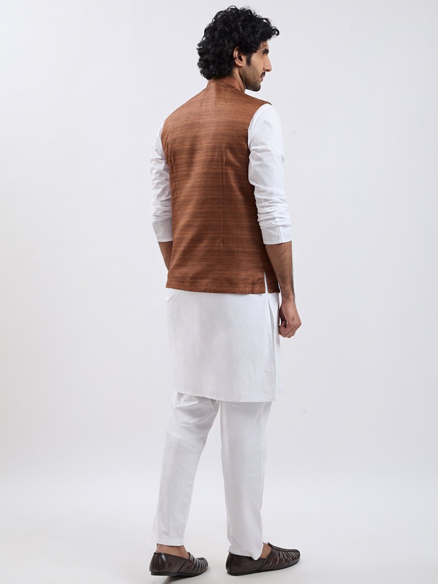 Men's Coffee Brown & White Jacket Kurta Pyjama Set - House of Sarvati LLC
