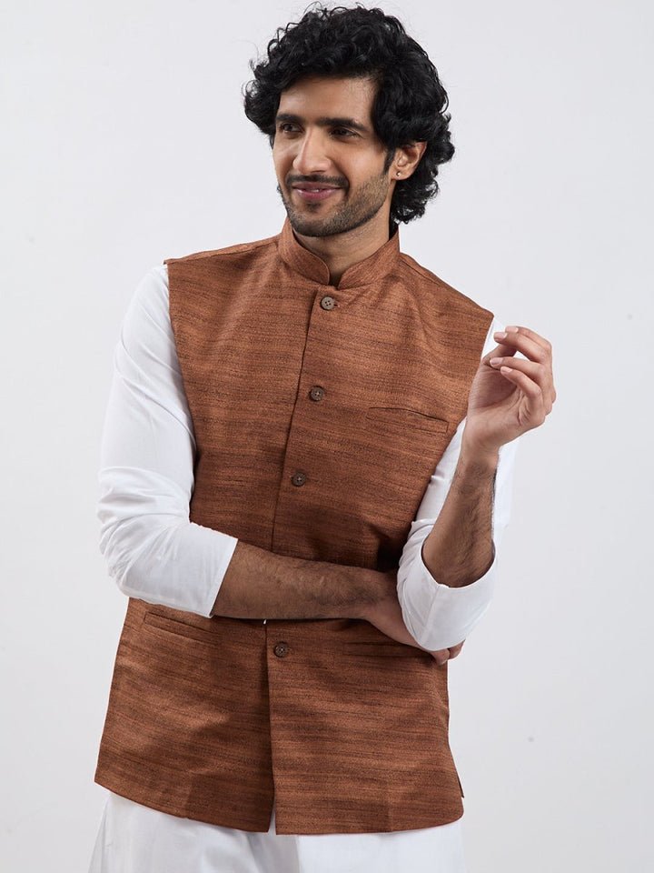 Men's Coffee Brown & White Jacket Kurta Pyjama Set - House of Sarvati LLC