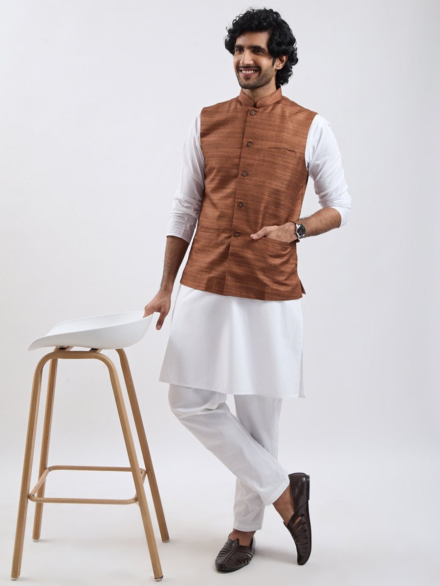 Men's Coffee Brown & White Jacket Kurta Pyjama Set - House of Sarvati LLC