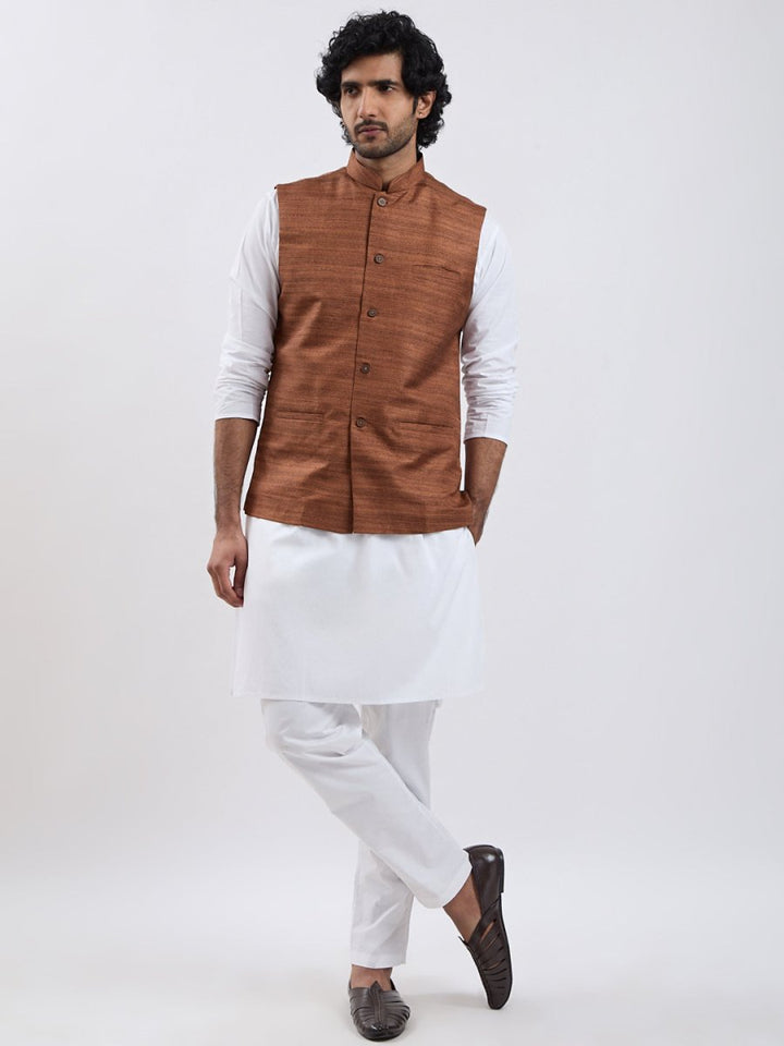 Men's Coffee Brown & White Jacket Kurta Pyjama Set - House of Sarvati LLC