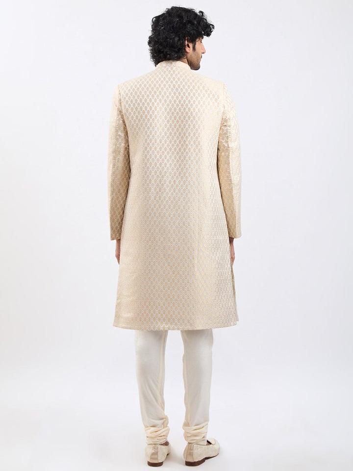 Men's Cream And Gold Silk Blend Sherwani Set - House of Sarvati LLC