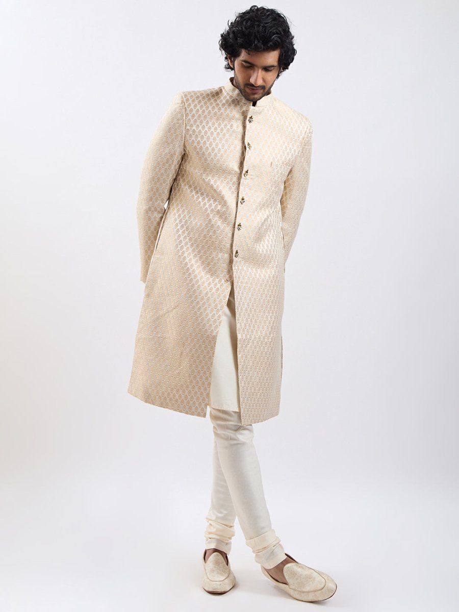 Men's Cream And Gold Silk Blend Sherwani Set - House of Sarvati LLC