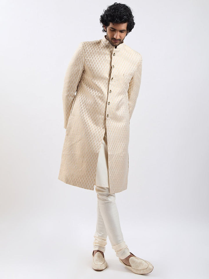 Men's Cream And Gold Silk Blend Sherwani Set - House of Sarvati LLC