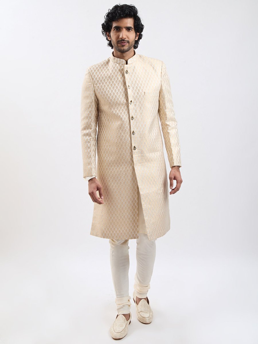 Men's Cream And Gold Silk Blend Sherwani Set - House of Sarvati LLC