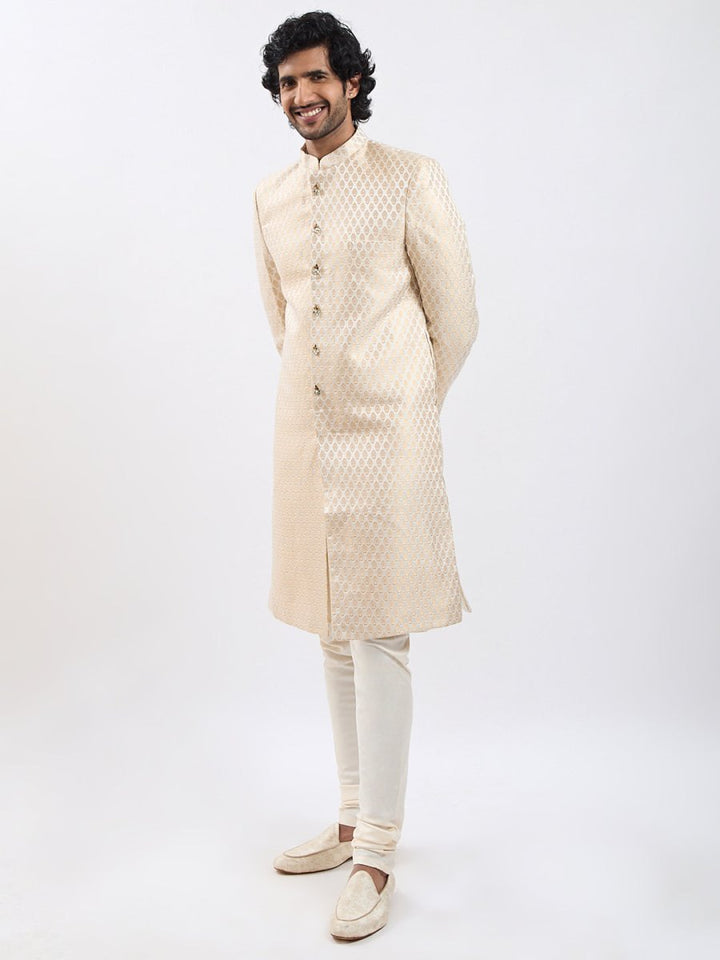 Men's Cream And Gold Silk Blend Sherwani Set - House of Sarvati LLC