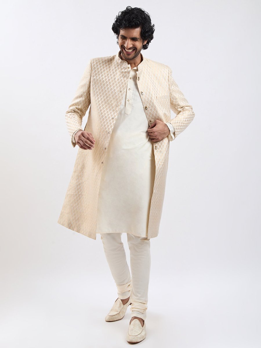 Men's Cream And Gold Silk Blend Sherwani Set - House of Sarvati LLC
