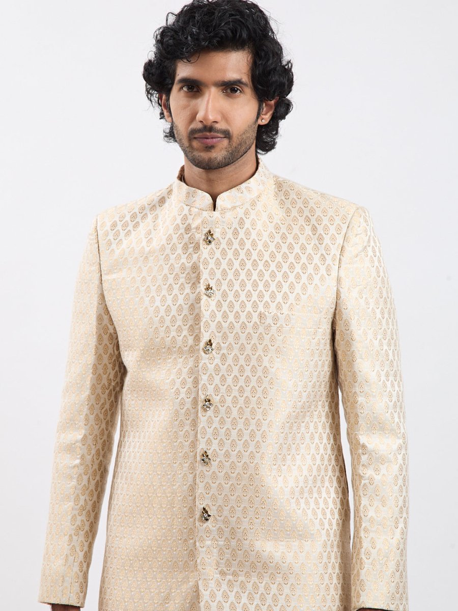 Men's Cream And Gold Silk Blend Sherwani Set - House of Sarvati LLC