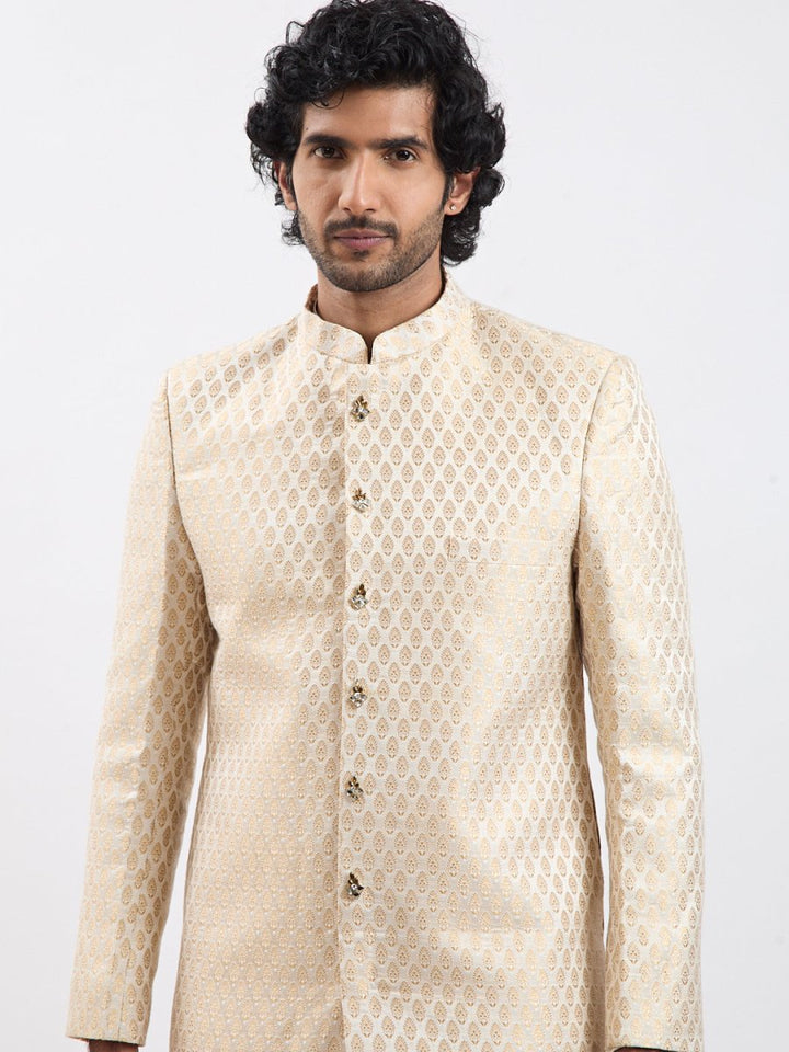 Men's Cream And Gold Silk Blend Sherwani Set - House of Sarvati LLC