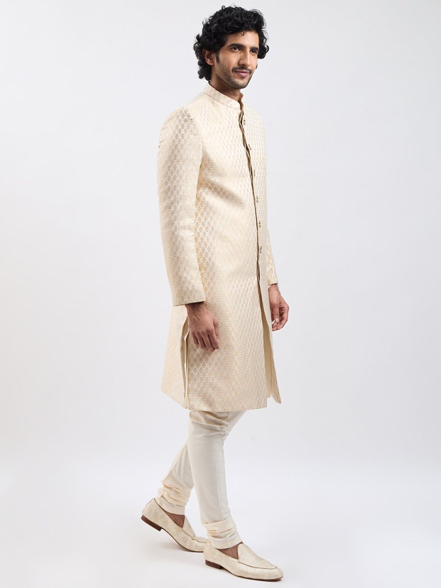 Men's Cream And Gold Silk Blend Sherwani Set - House of Sarvati LLC