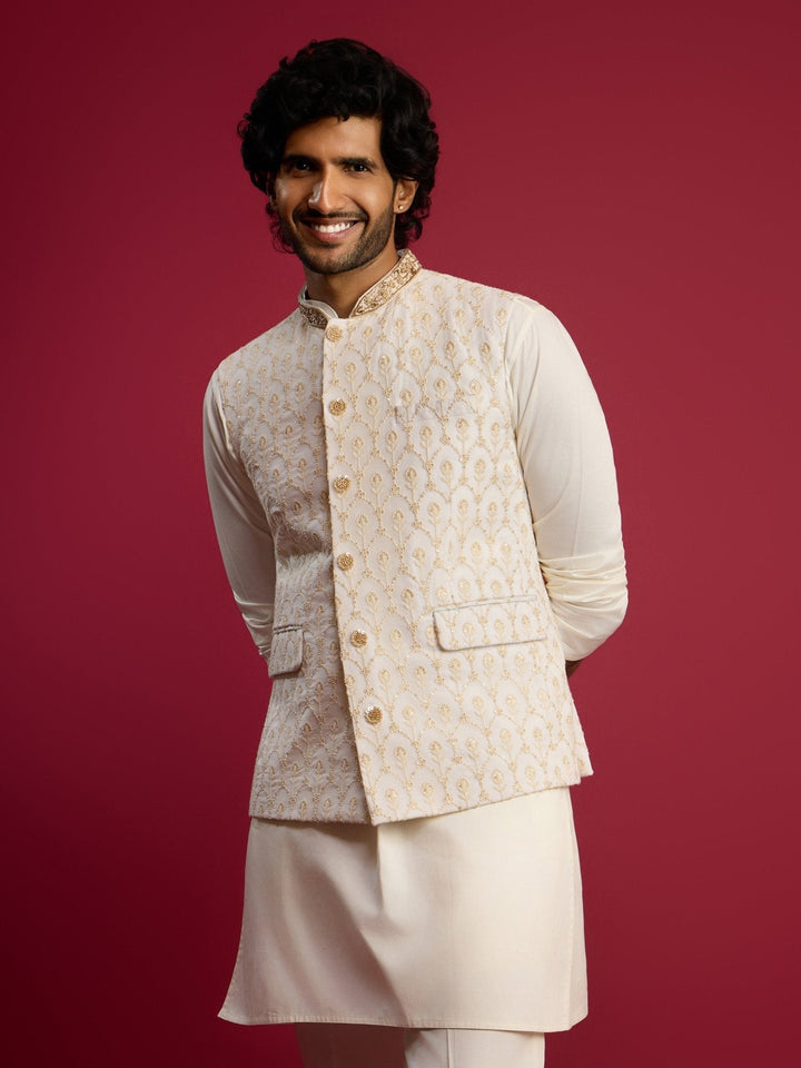 Men's Cream Embroidered Georgette Nehru Jacket - view 3