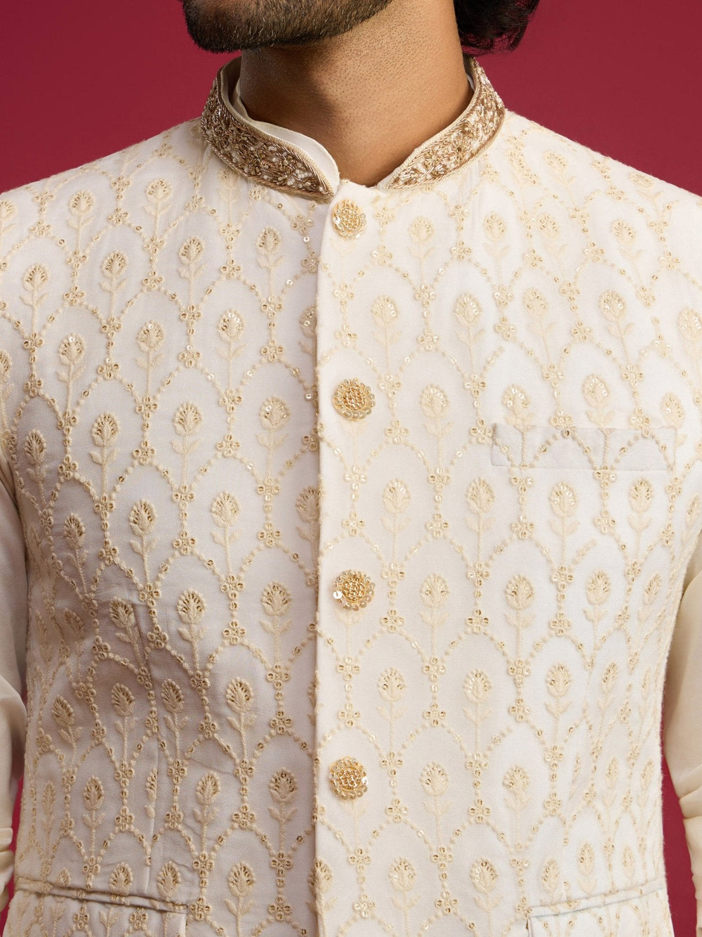 Men's Cream Embroidered Georgette Nehru Jacket - view 2
