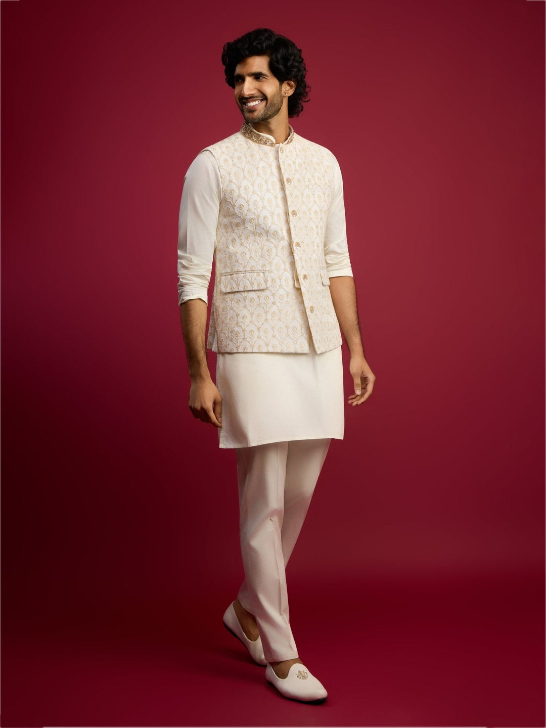 Men's Cream Embroidered Georgette Nehru Jacket - view 6