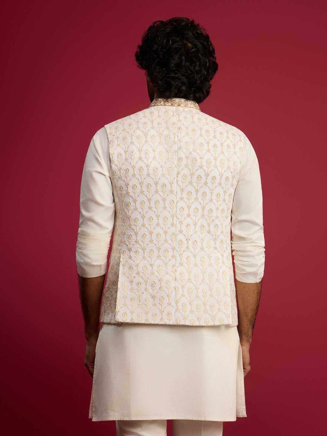 Men's Cream Embroidered Georgette Nehru Jacket - view 5