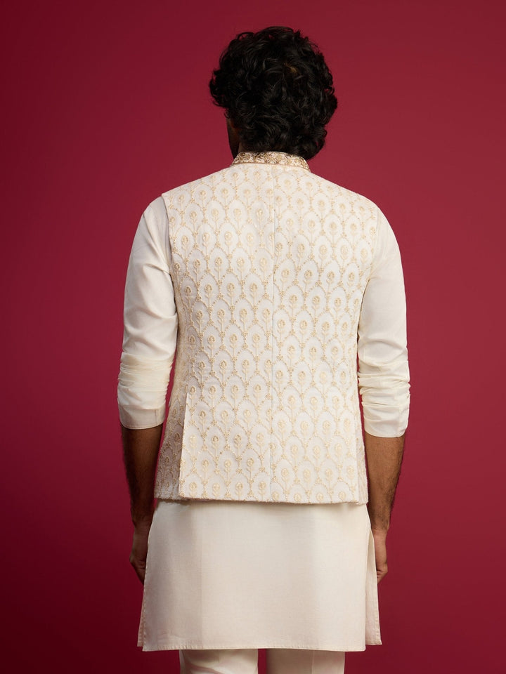 Men's Cream Embroidered Georgette Nehru Jacket - view 5
