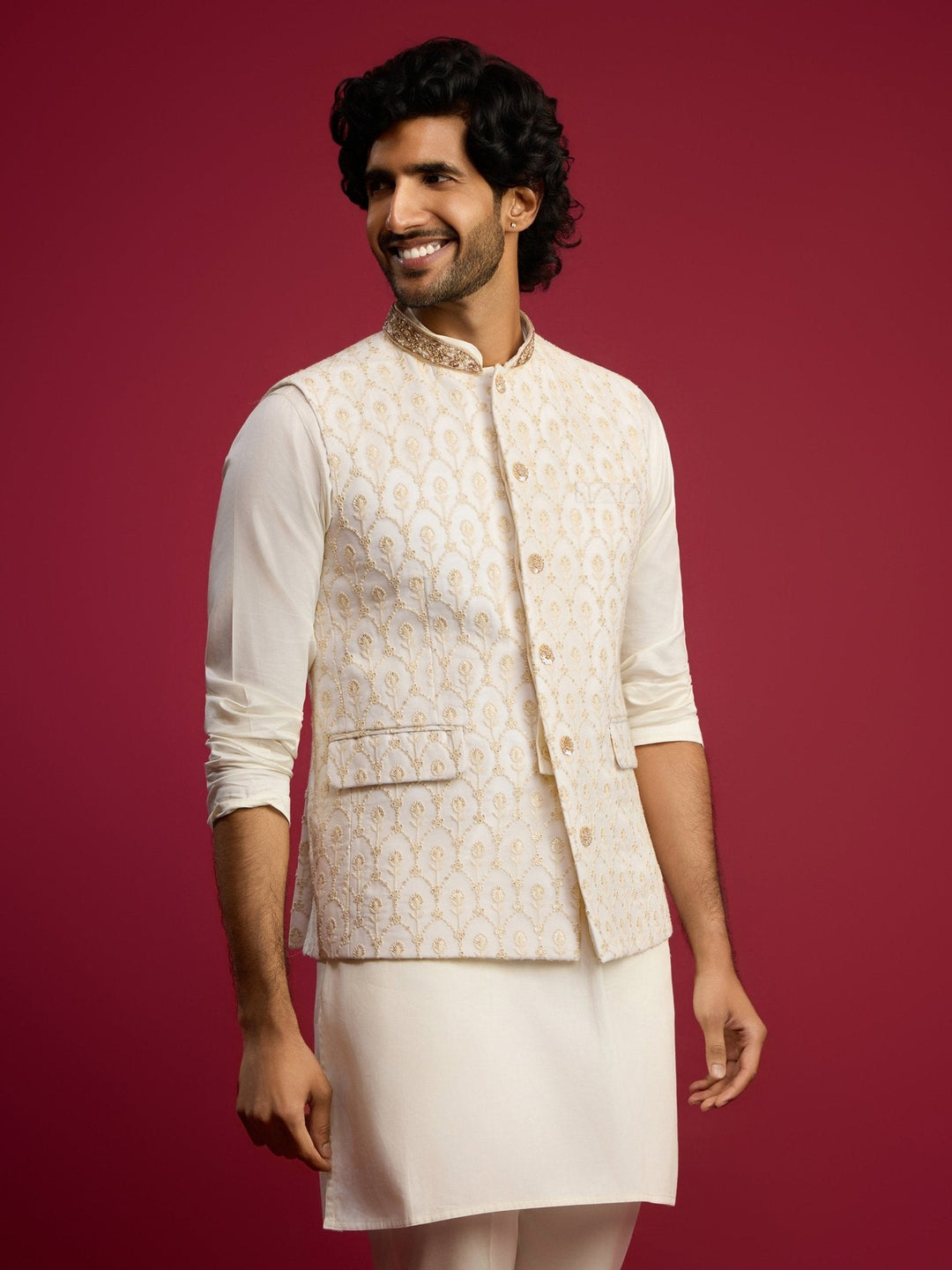 Men's Cream Embroidered Georgette Nehru Jacket - view 4