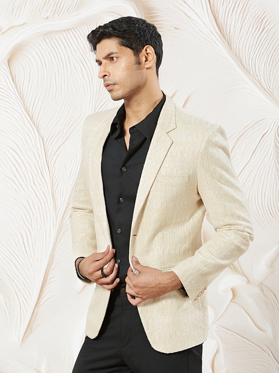 Men's Cream Jute Jodhpuri Blazer - House of Sarvati LLC