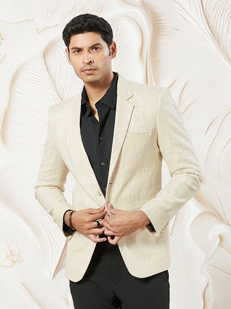 Men's Cream Jute Jodhpuri Blazer - House of Sarvati LLC