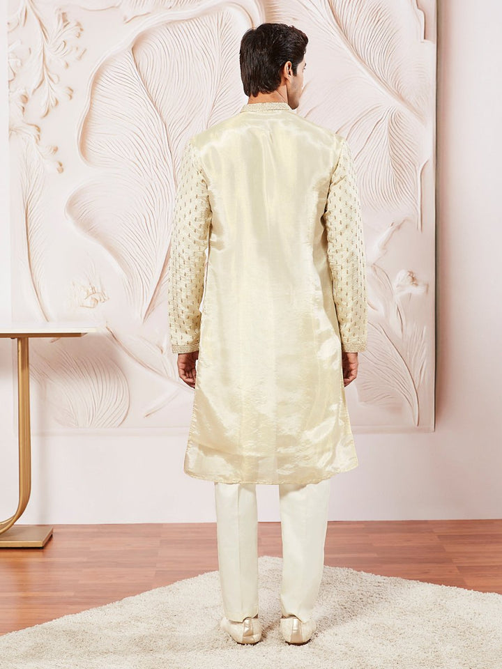 Men's Cream Tissue Silk Kurta Pyjama Set - House of Sarvati LLC
