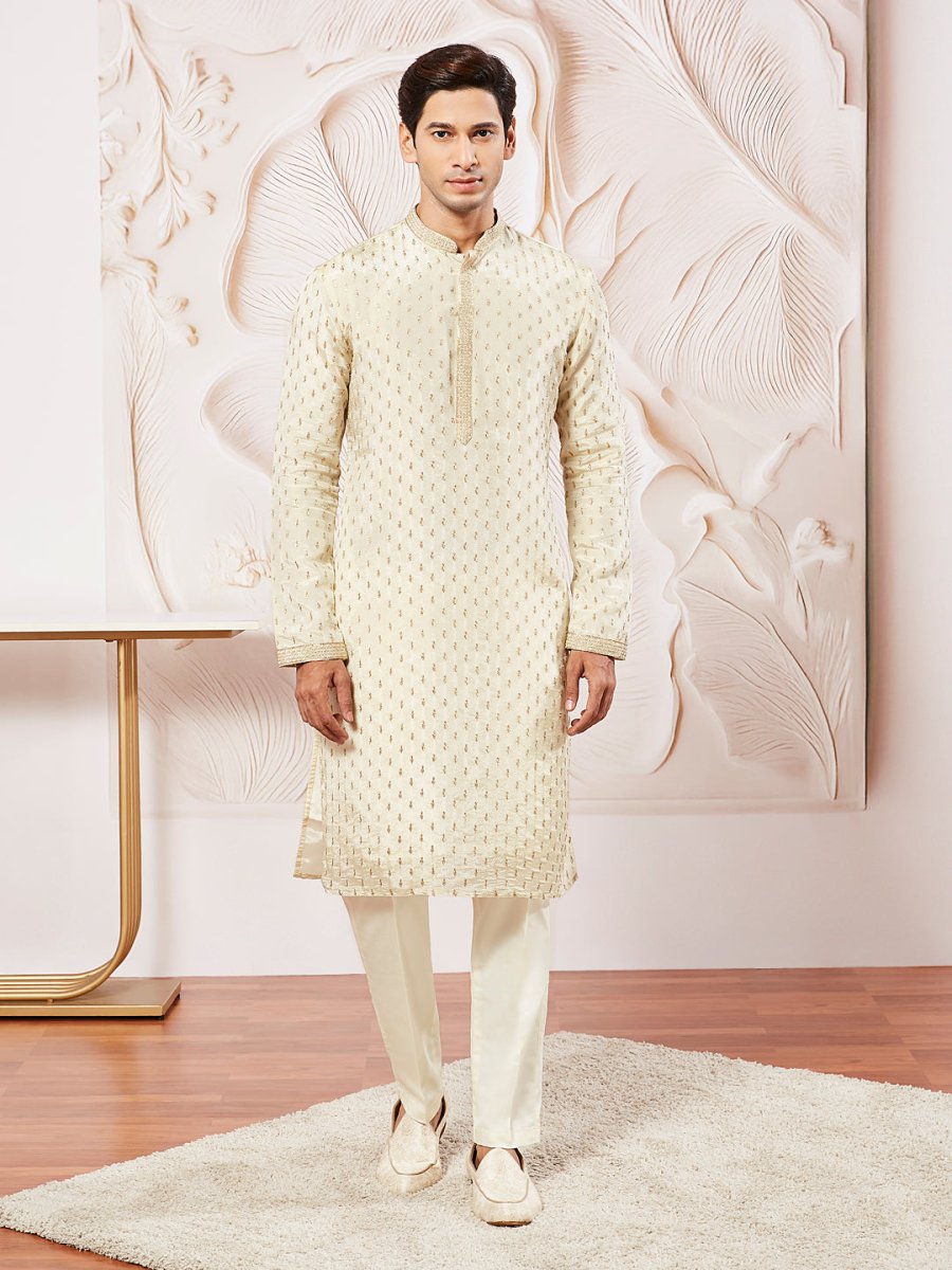 Men's Cream Tissue Silk Kurta Pyjama Set - House of Sarvati LLC
