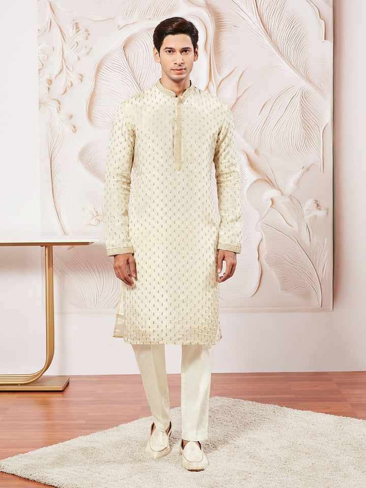Men's Cream Tissue Silk Kurta Pyjama Set - House of Sarvati LLC