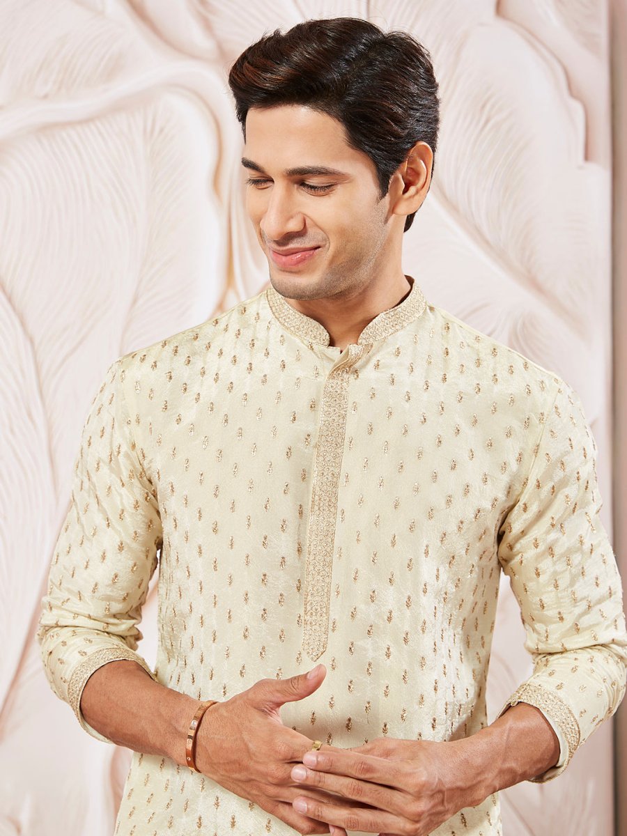 Men's Cream Tissue Silk Kurta Pyjama Set - House of Sarvati LLC