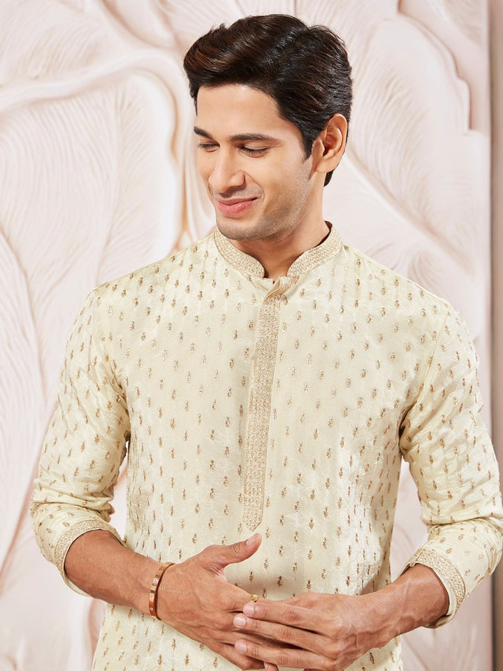 Men's Cream Tissue Silk Kurta Pyjama Set - House of Sarvati LLC