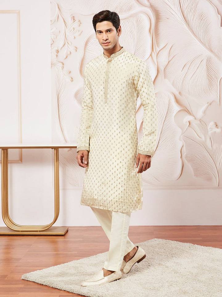 Men's Cream Tissue Silk Kurta Pyjama Set - House of Sarvati LLC