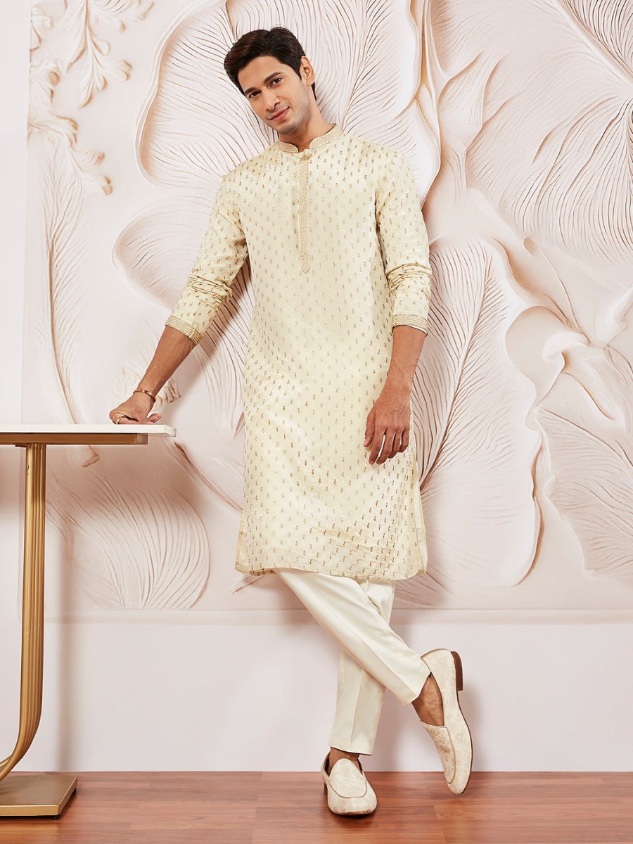 Men's Cream Tissue Silk Kurta Pyjama Set - House of Sarvati LLC