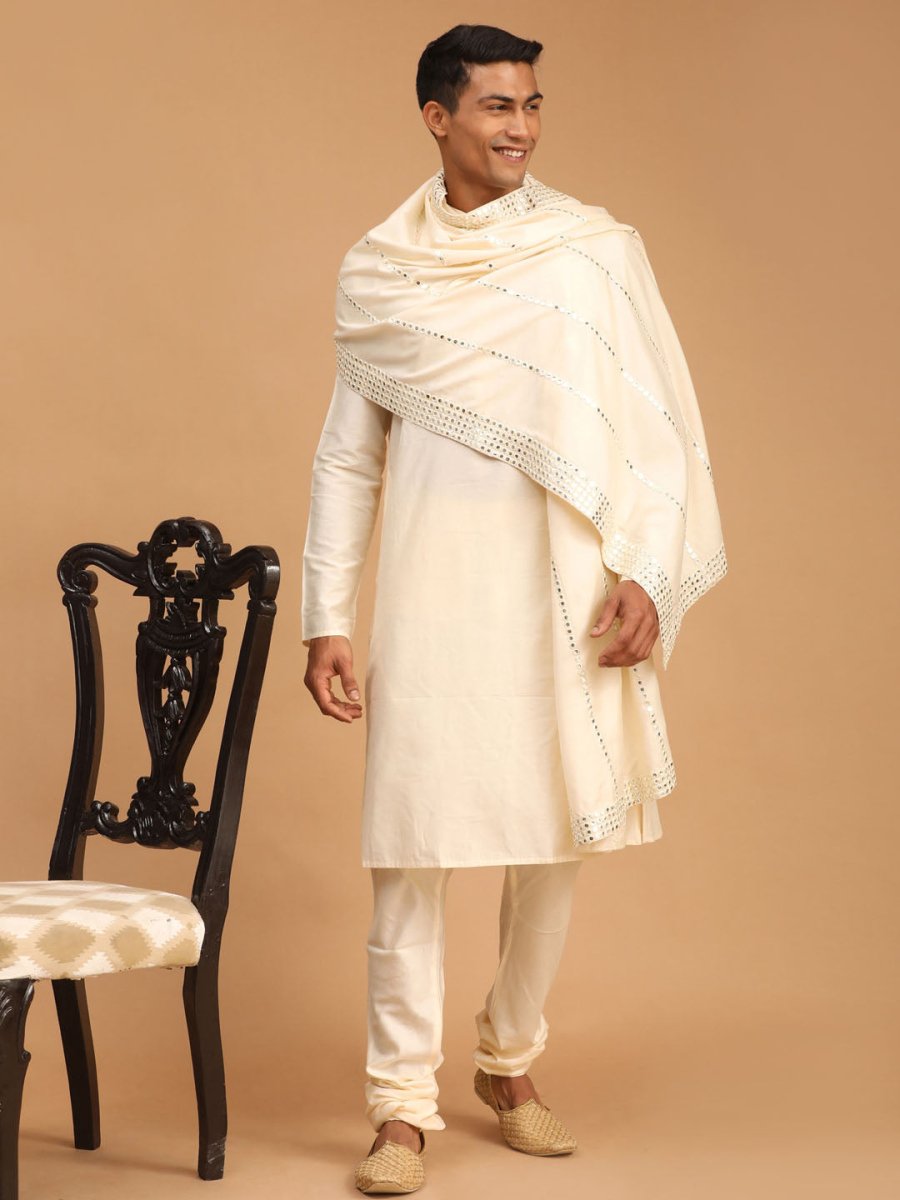 Men's Cream Viscose Mirror Work Embellished Dupatta - House of Sarvati LLC