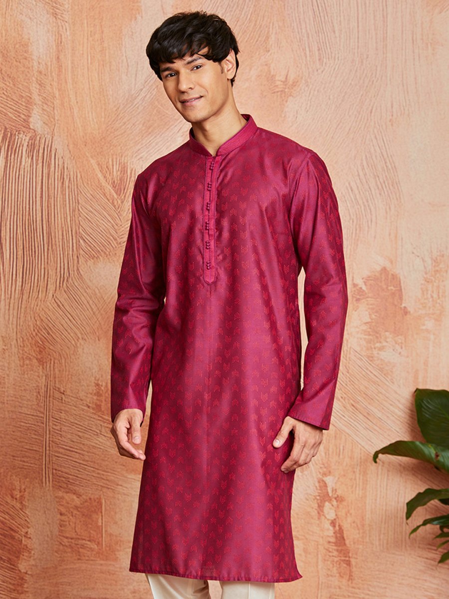 Men's Falsa Silk Blend Jacquard Kurta with Embroidered Collar - House of Sarvati LLC