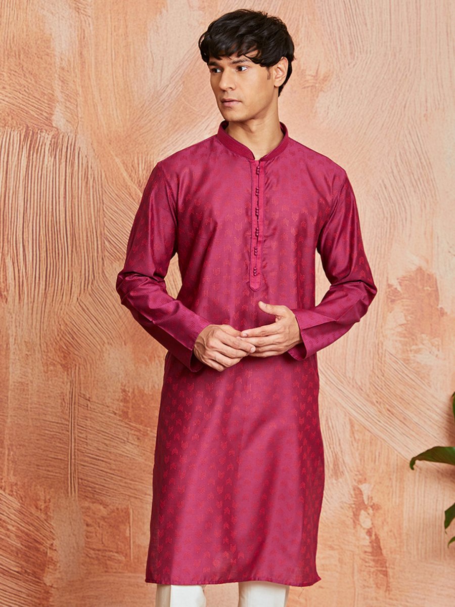 Men's Falsa Silk Blend Jacquard Kurta with Embroidered Collar - House of Sarvati LLC