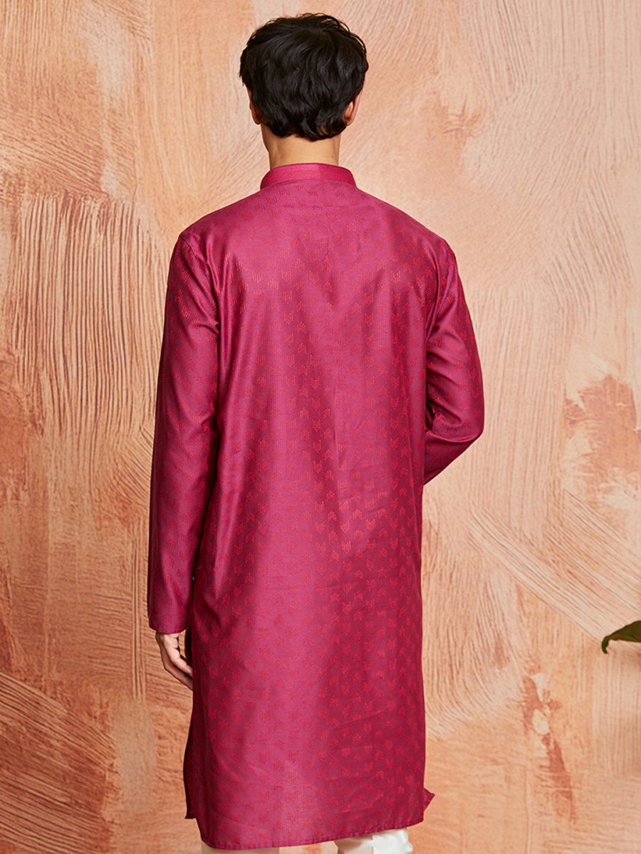 Men's Falsa Silk Blend Jacquard Kurta with Embroidered Collar - House of Sarvati LLC