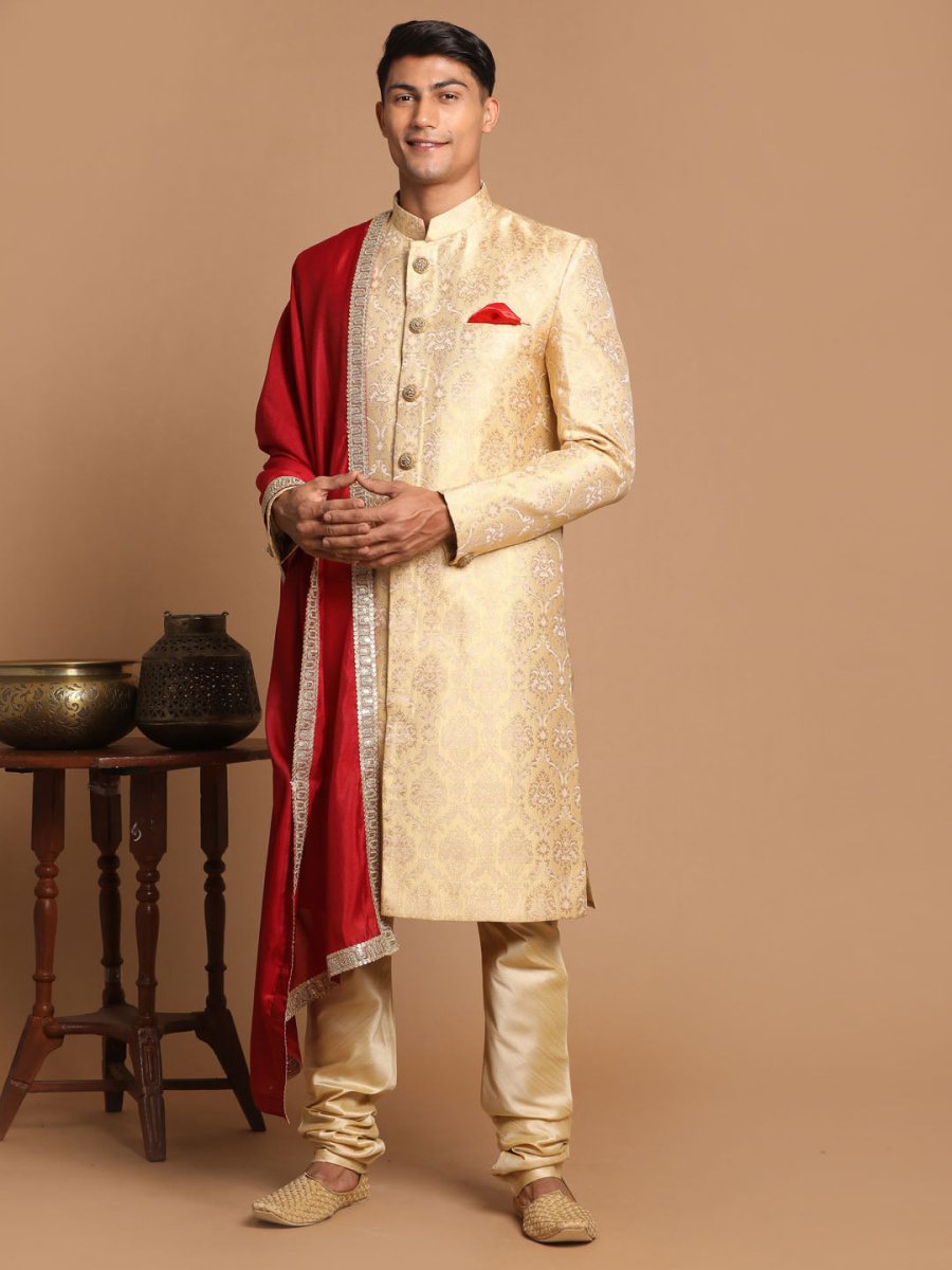 Men's Golden Brocade Slim Fit Sherwani Set With Maroon Dupatta - House of Sarvati LLC