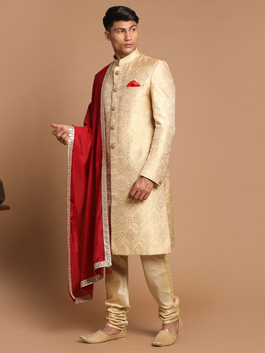 Men's Golden Brocade Slim Fit Sherwani Set With Maroon Dupatta - House of Sarvati LLC