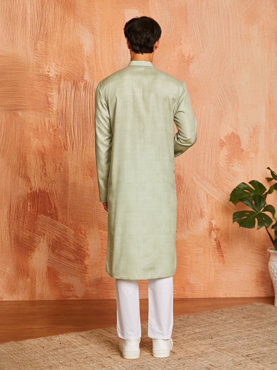 Men's Green Cotton Blend Kurta and Pyjama Set with Kantha Work Embroidery - House of Sarvati LLC